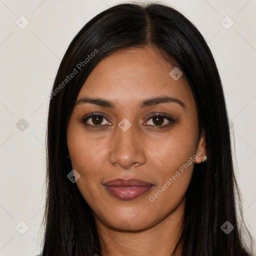 Joyful latino young-adult female with long  brown hair and brown eyes