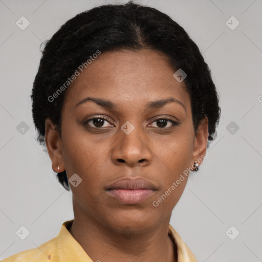 Neutral black young-adult female with short  brown hair and brown eyes