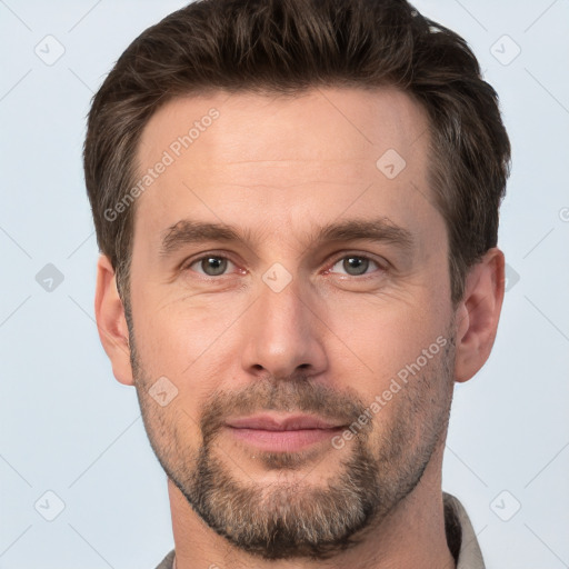 Neutral white adult male with short  brown hair and brown eyes