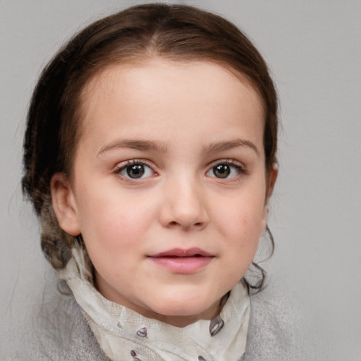 Neutral white child female with medium  brown hair and blue eyes