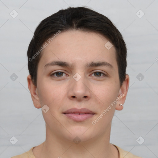 Joyful white young-adult female with short  brown hair and brown eyes