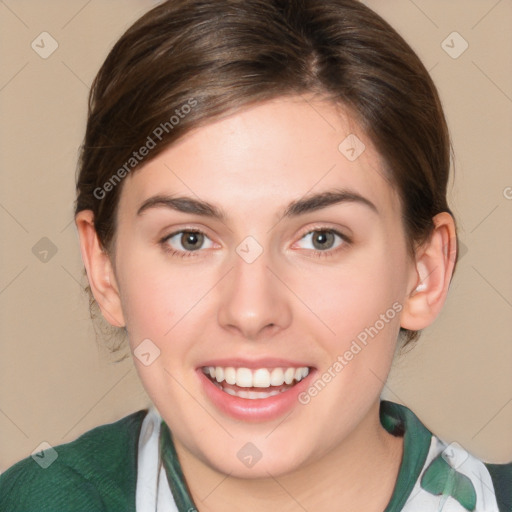 Joyful white young-adult female with medium  brown hair and green eyes