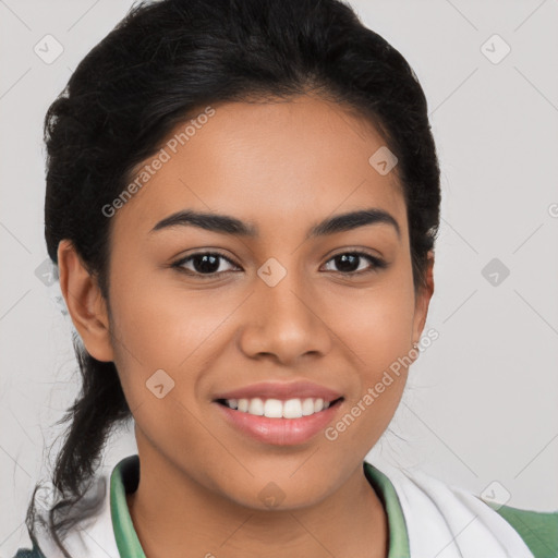 Joyful latino young-adult female with medium  black hair and brown eyes