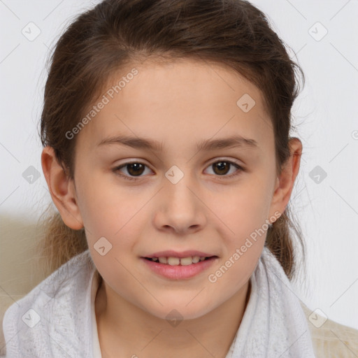 Joyful white child female with medium  brown hair and brown eyes