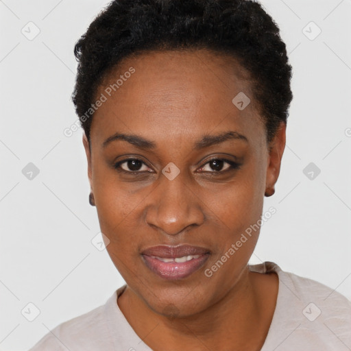 Joyful black young-adult female with short  black hair and brown eyes