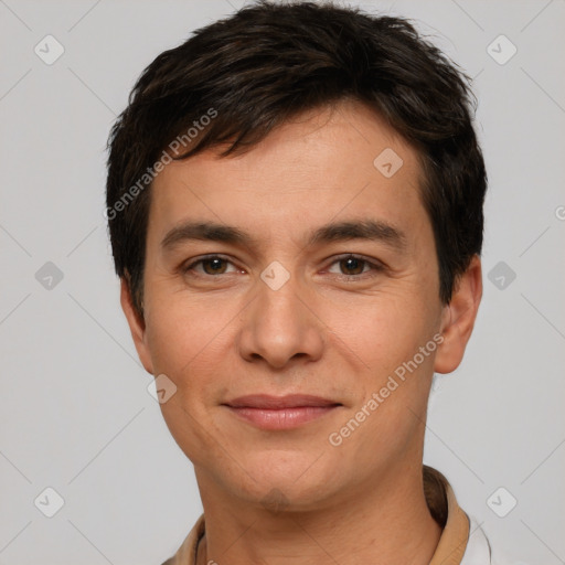 Joyful white young-adult male with short  brown hair and brown eyes