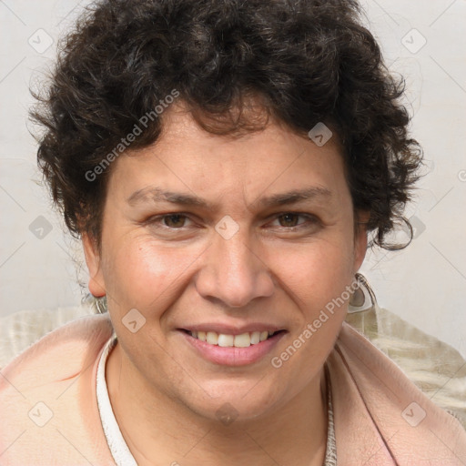 Joyful white adult female with short  brown hair and brown eyes