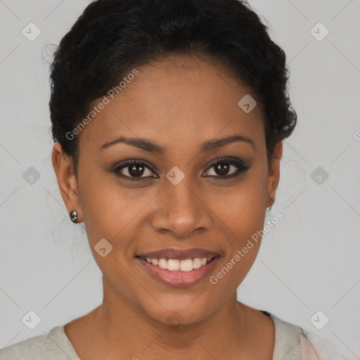 Joyful latino young-adult female with short  brown hair and brown eyes