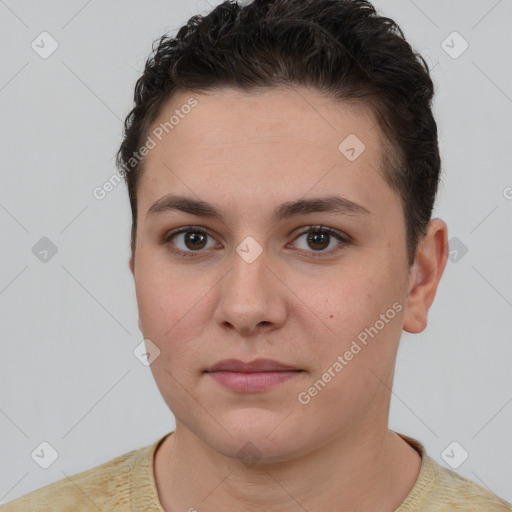 Neutral white young-adult female with short  brown hair and brown eyes