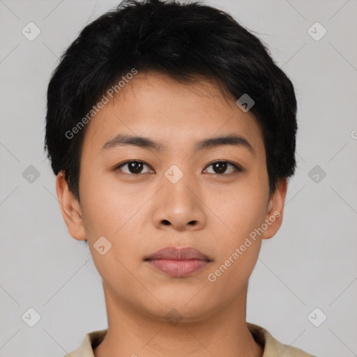 Neutral asian young-adult female with short  black hair and brown eyes
