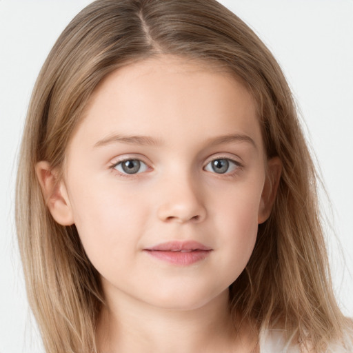 Neutral white child female with long  brown hair and grey eyes