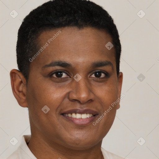 Joyful black young-adult male with short  brown hair and brown eyes