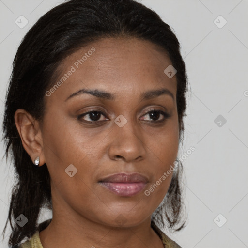 Joyful black young-adult female with medium  brown hair and brown eyes