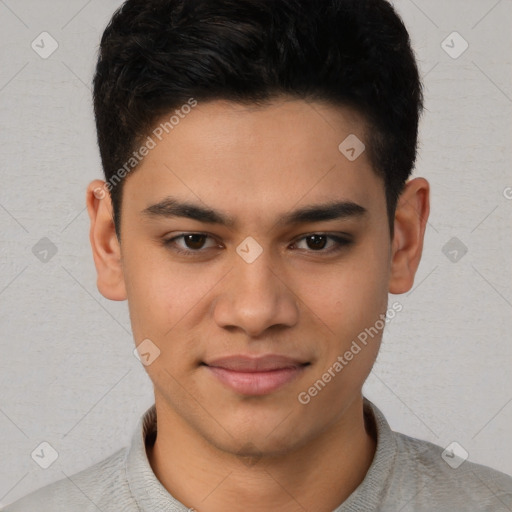 Joyful latino young-adult male with short  brown hair and brown eyes