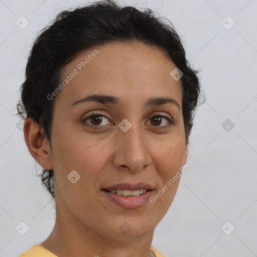 Joyful latino young-adult female with short  brown hair and brown eyes