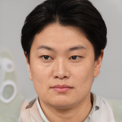 Neutral asian young-adult female with short  brown hair and brown eyes
