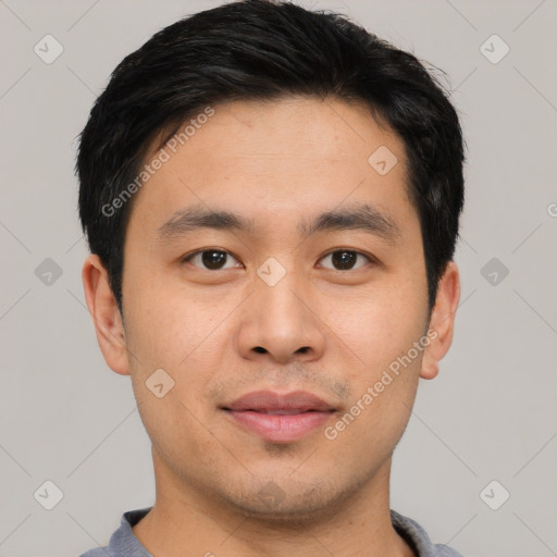 Neutral asian young-adult male with short  black hair and brown eyes