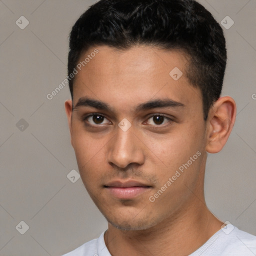 Neutral white young-adult male with short  black hair and brown eyes