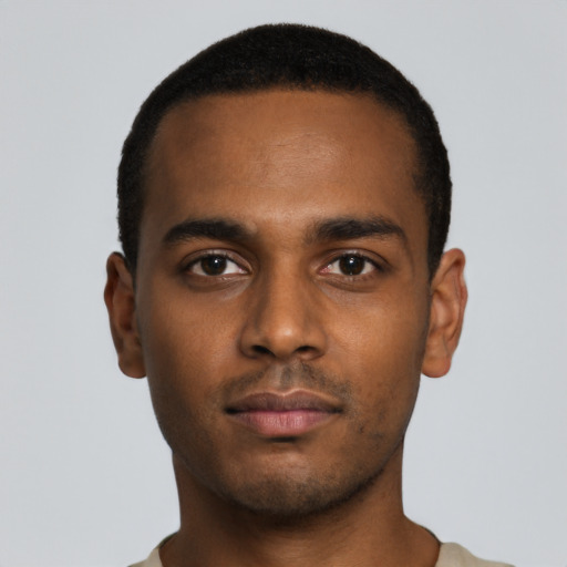 Neutral black young-adult male with short  black hair and brown eyes
