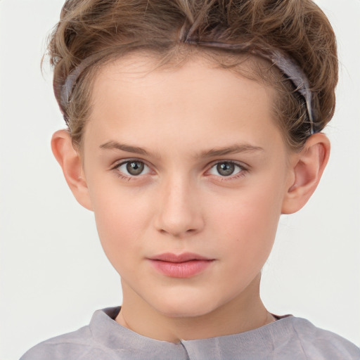 Neutral white child female with short  brown hair and grey eyes