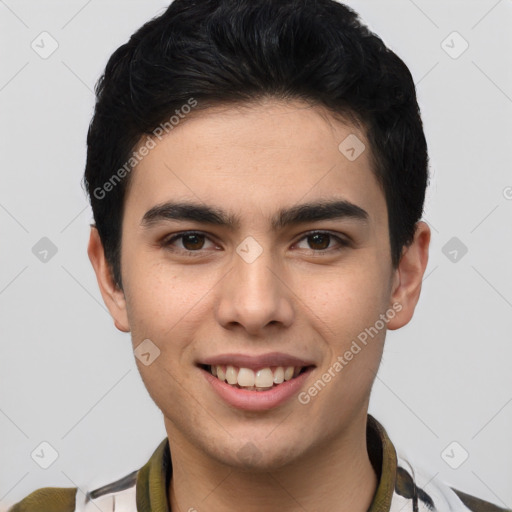 Joyful latino young-adult male with short  brown hair and brown eyes