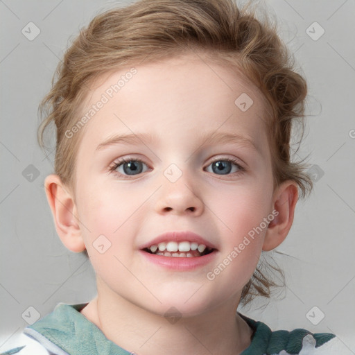 Joyful white child female with medium  brown hair and blue eyes