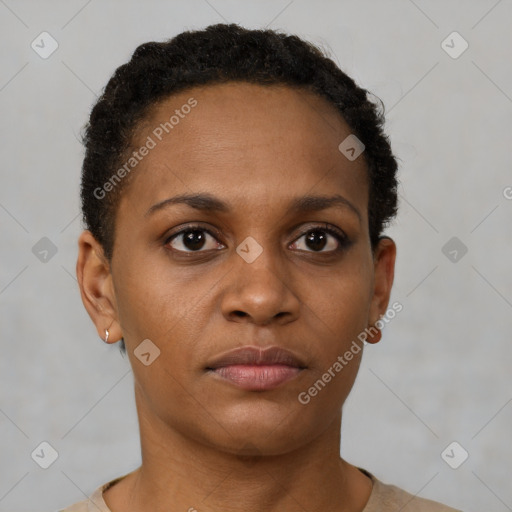 Neutral black young-adult female with short  brown hair and brown eyes