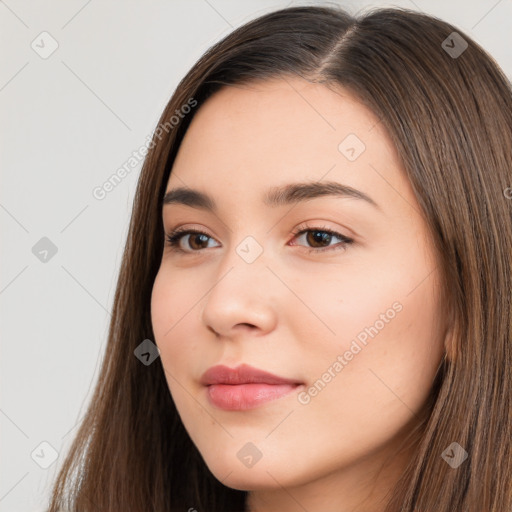 Neutral white young-adult female with long  brown hair and brown eyes