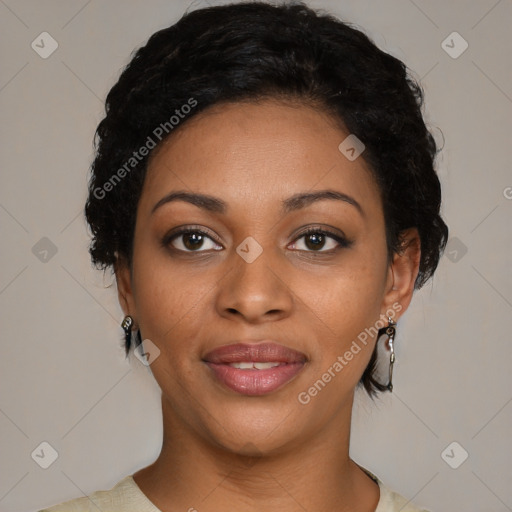 Joyful black young-adult female with medium  black hair and brown eyes