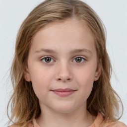 Neutral white child female with medium  brown hair and blue eyes