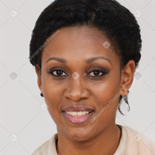 Joyful latino young-adult female with short  brown hair and brown eyes