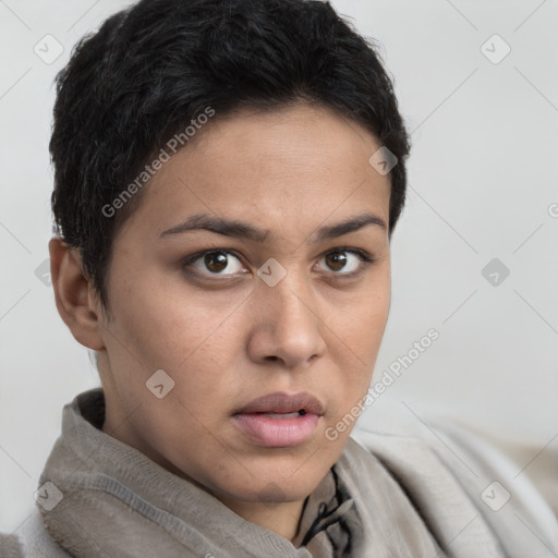 Neutral white young-adult female with short  brown hair and brown eyes