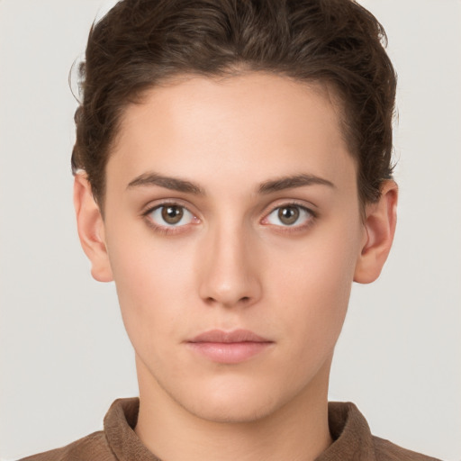 Neutral white young-adult female with short  brown hair and brown eyes