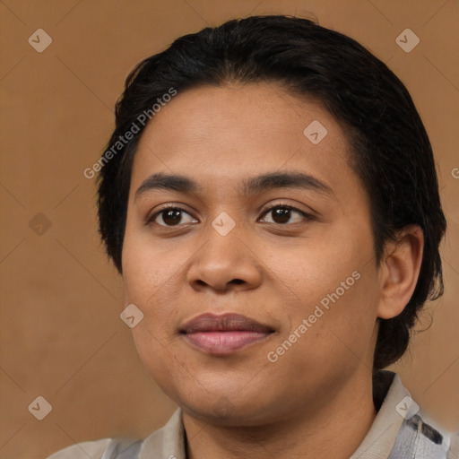 Joyful latino young-adult female with medium  black hair and brown eyes