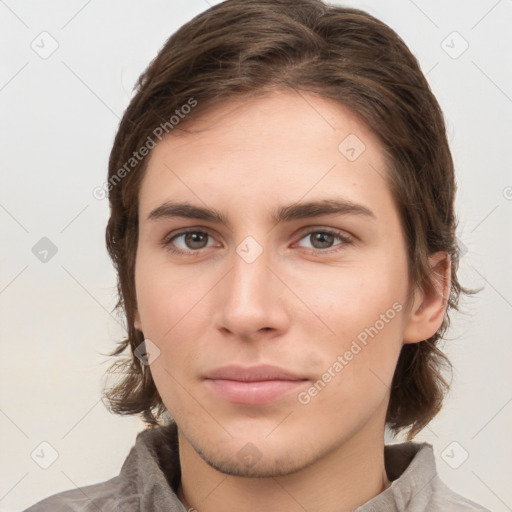 Neutral white young-adult female with medium  brown hair and grey eyes