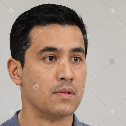 Neutral asian young-adult male with short  black hair and brown eyes