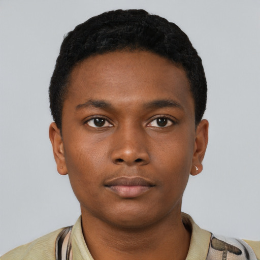 Neutral black young-adult male with short  black hair and brown eyes