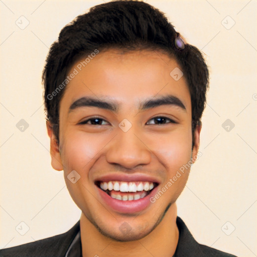 Joyful latino young-adult male with short  black hair and brown eyes