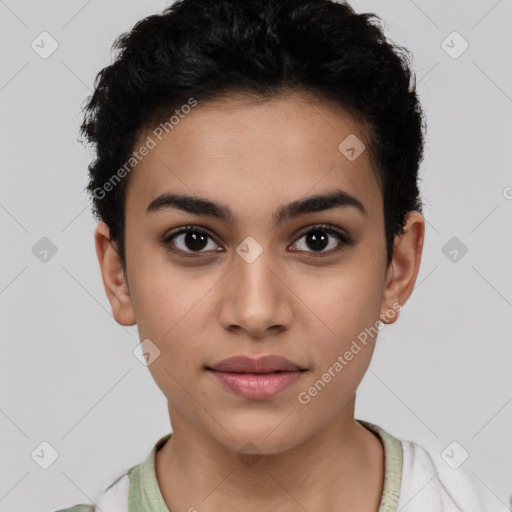 Joyful latino young-adult female with short  brown hair and brown eyes