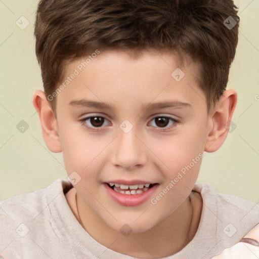 Joyful white child male with short  brown hair and brown eyes