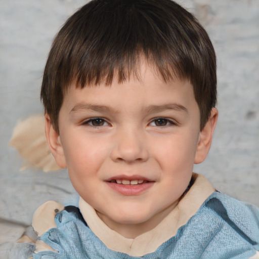 Joyful white child male with short  brown hair and brown eyes