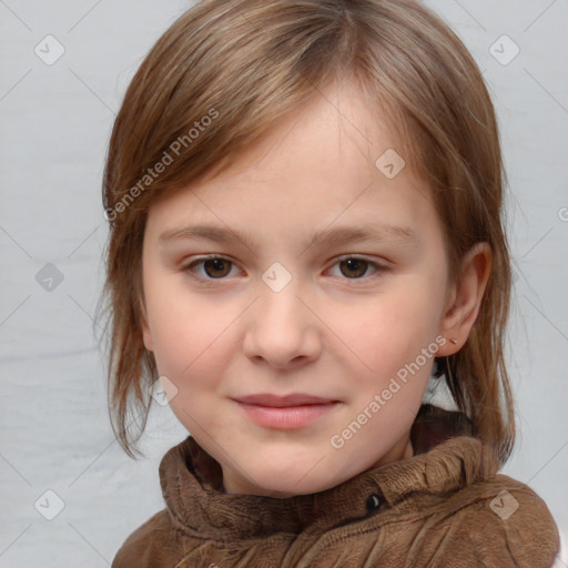 Joyful white child female with medium  brown hair and grey eyes