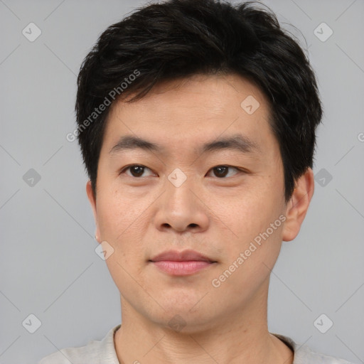 Neutral asian young-adult male with short  black hair and brown eyes