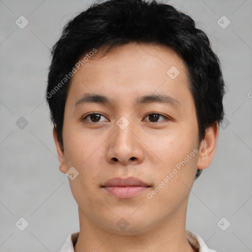 Neutral asian young-adult male with short  black hair and brown eyes