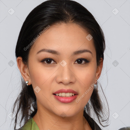 Joyful asian young-adult female with medium  brown hair and brown eyes