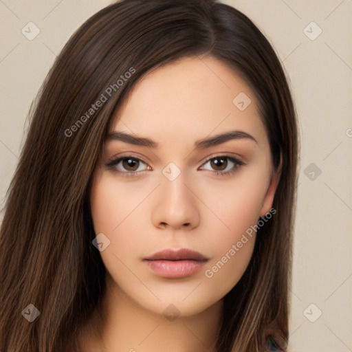 Neutral white young-adult female with long  brown hair and brown eyes