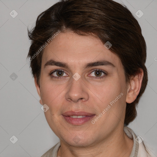 Joyful white young-adult female with medium  brown hair and brown eyes