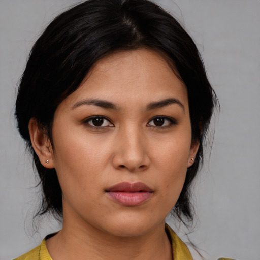Neutral asian young-adult female with medium  black hair and brown eyes