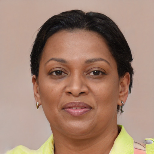 Joyful white adult female with short  brown hair and brown eyes