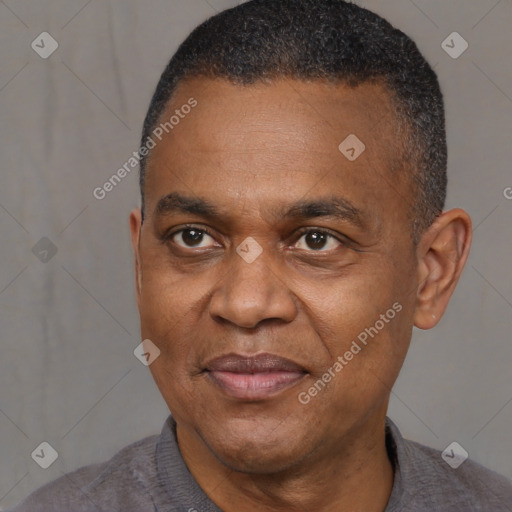 Joyful black adult male with short  brown hair and brown eyes